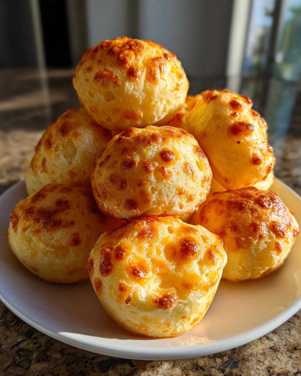 A stack of freshly baked, golden-brown Brazilian cheese bread puffs piled high on a white plate.
