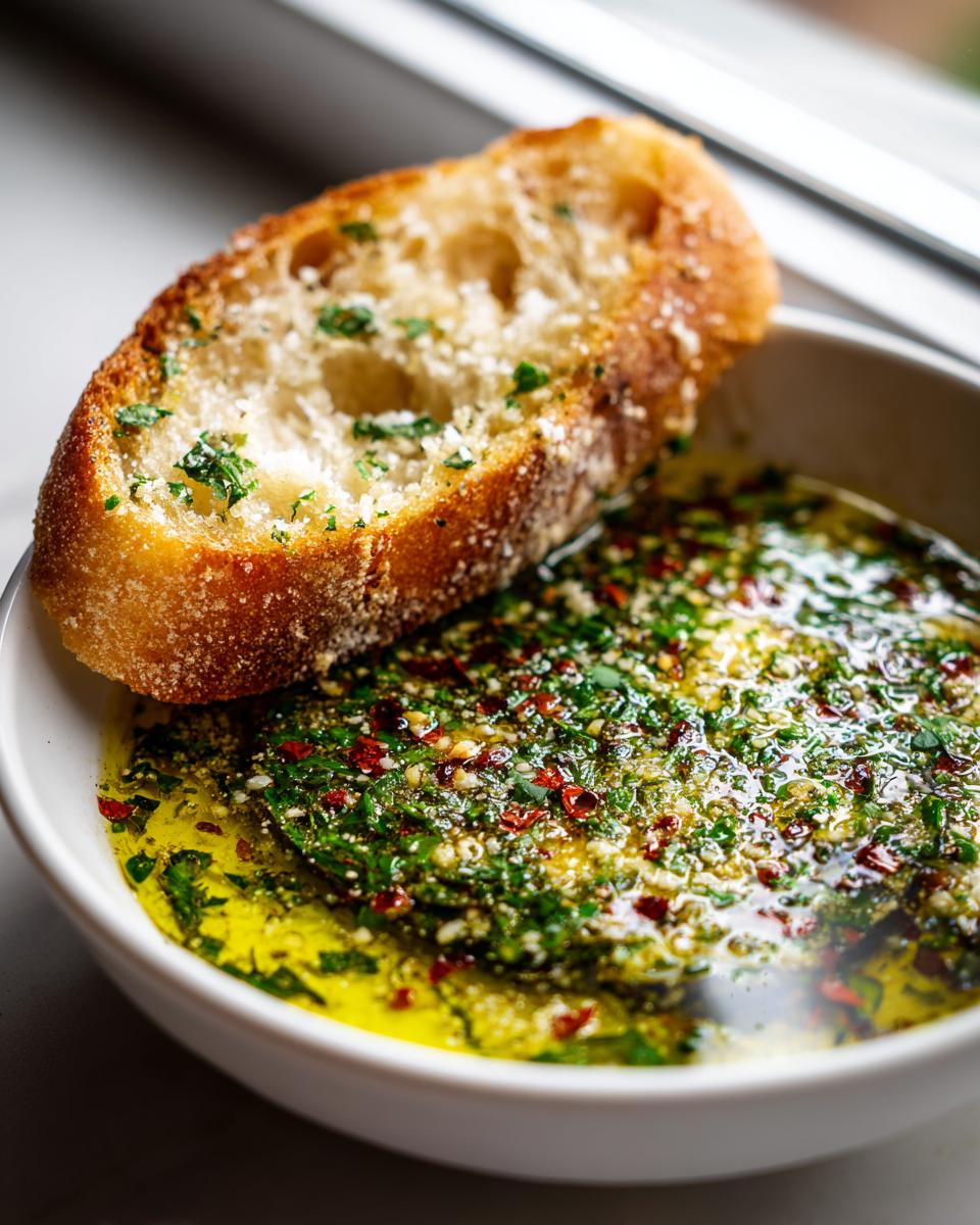 A slice of toasted bread resting on the edge of a white bowl filled with flavorful olive oil bread dip.