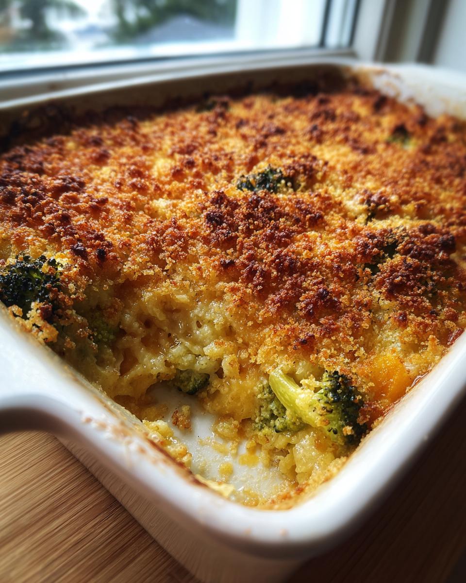 Close-up of a baked broccoli cauliflower casserole with a deeply browned, crunchy breadcrumb topping.