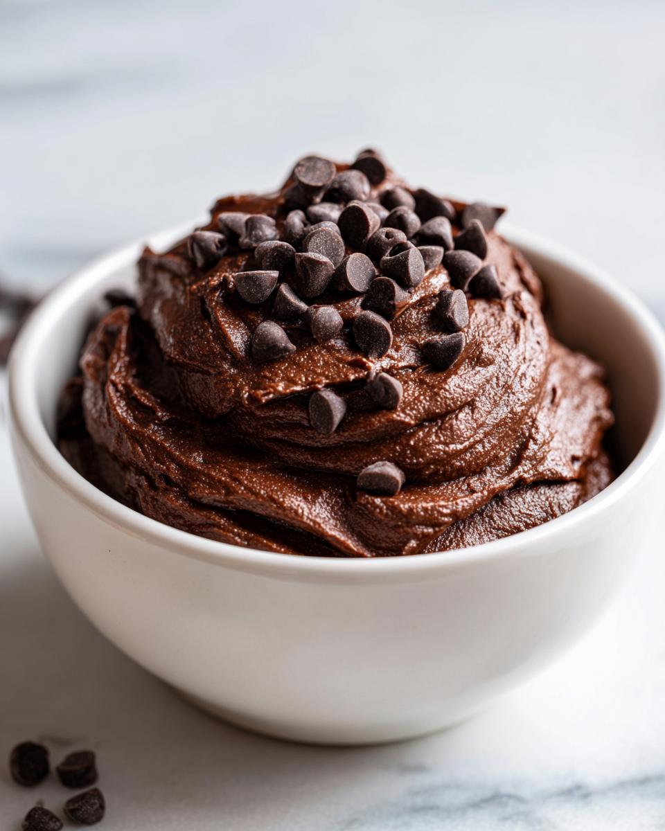 A close-up of thick, rich brownie batter dip topped generously with chocolate chips in a white bowl.