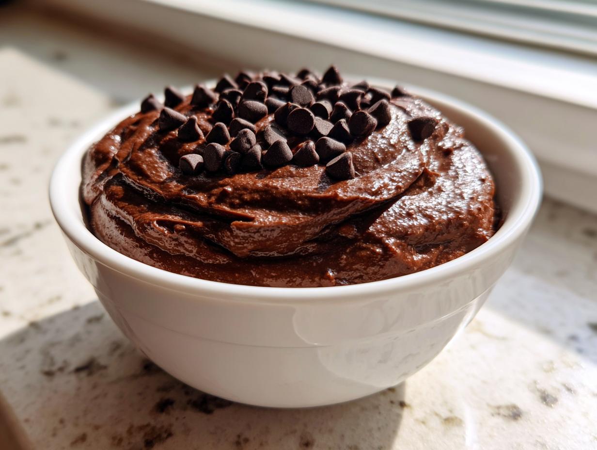 A close-up of rich, dark chocolate brownie batter dip topped with mini chocolate chips in a white bowl.