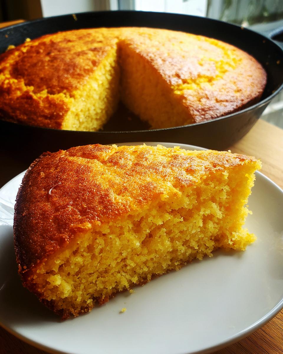 A thick slice of golden buttermilk cornbread with a crispy top, served on a white plate, with the rest of the bread in a cast iron skillet behind it.