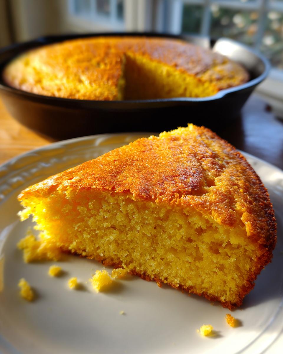 A close-up slice of moist, golden buttermilk cornbread resting on a white plate, with the rest of the cornbread visible in a cast iron skillet behind it.
