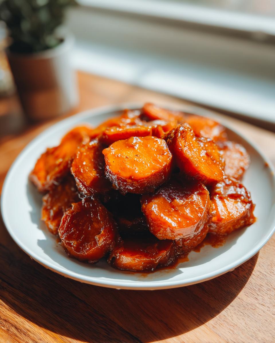 A close-up of glossy, glazed candied sweet potatoes piled high on a white plate, catching bright sunlight.