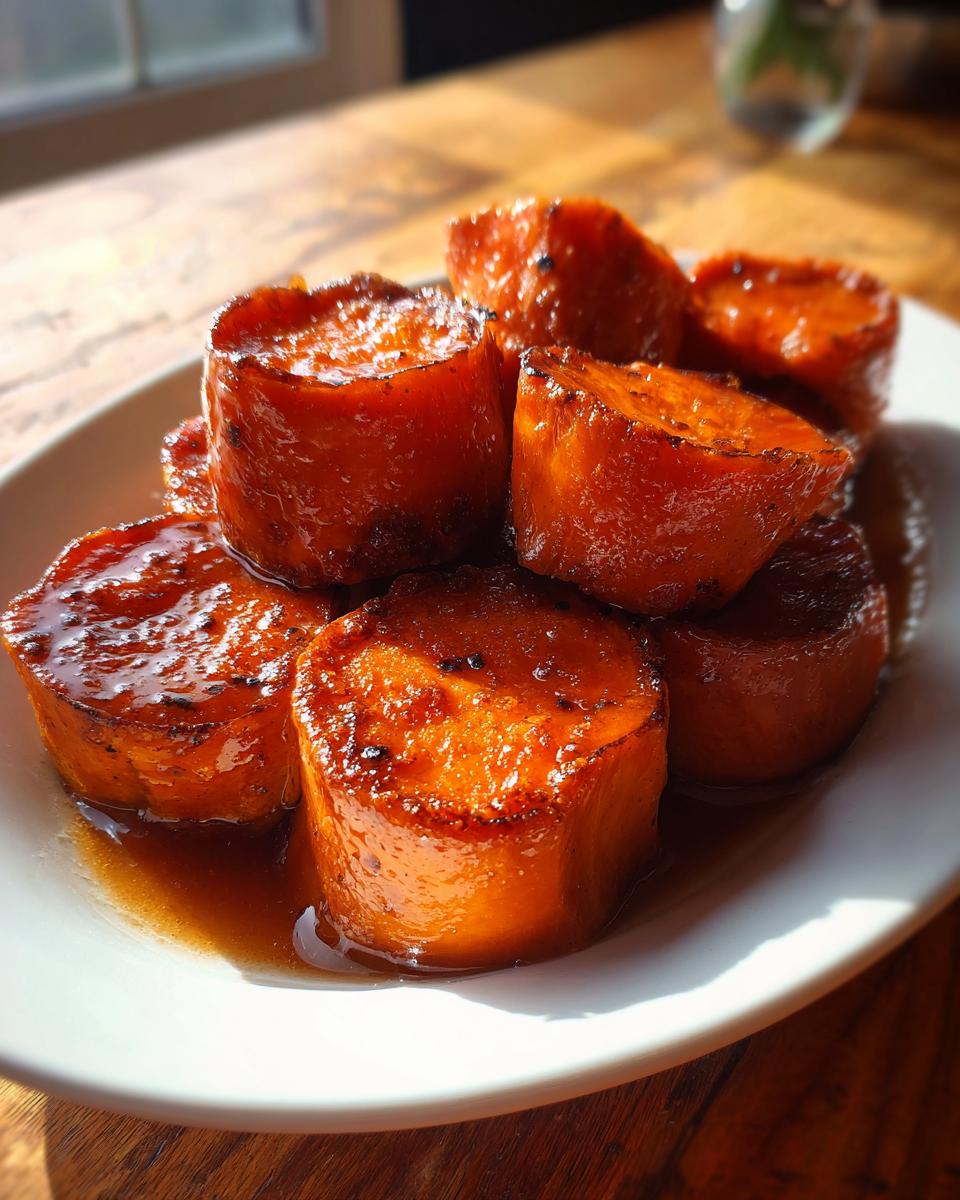 Close-up of thick, glistening candied sweet potatoes slices soaking in a rich syrup on a white plate.