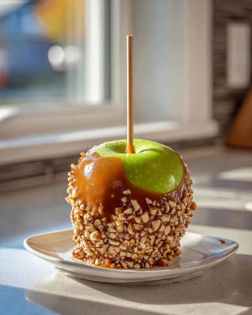 A bright green Granny Smith caramel apple, partially dipped in caramel and coated in chopped nuts, resting on a small white plate.