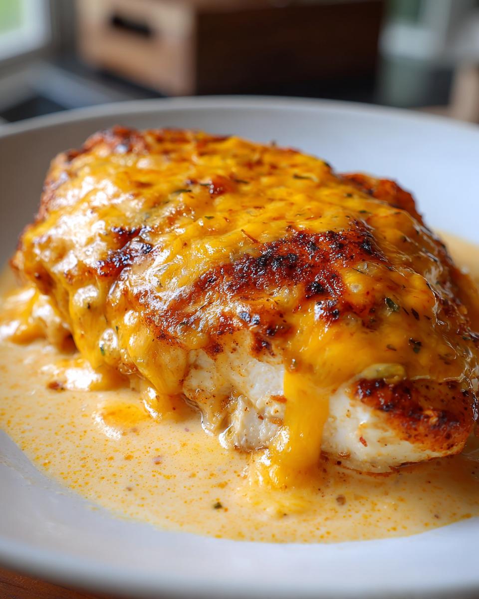 Close-up of a juicy Fiesta Lime Chicken breast topped with melted, browned cheddar cheese and resting in a creamy sauce.