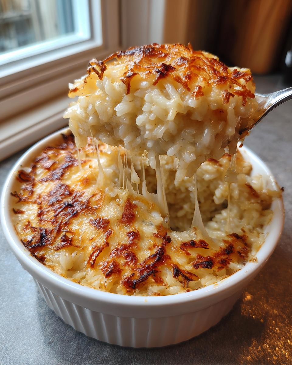 A spoonful of cheesy french onion butter rice is lifted from a white ramekin, showing melted cheese strings.