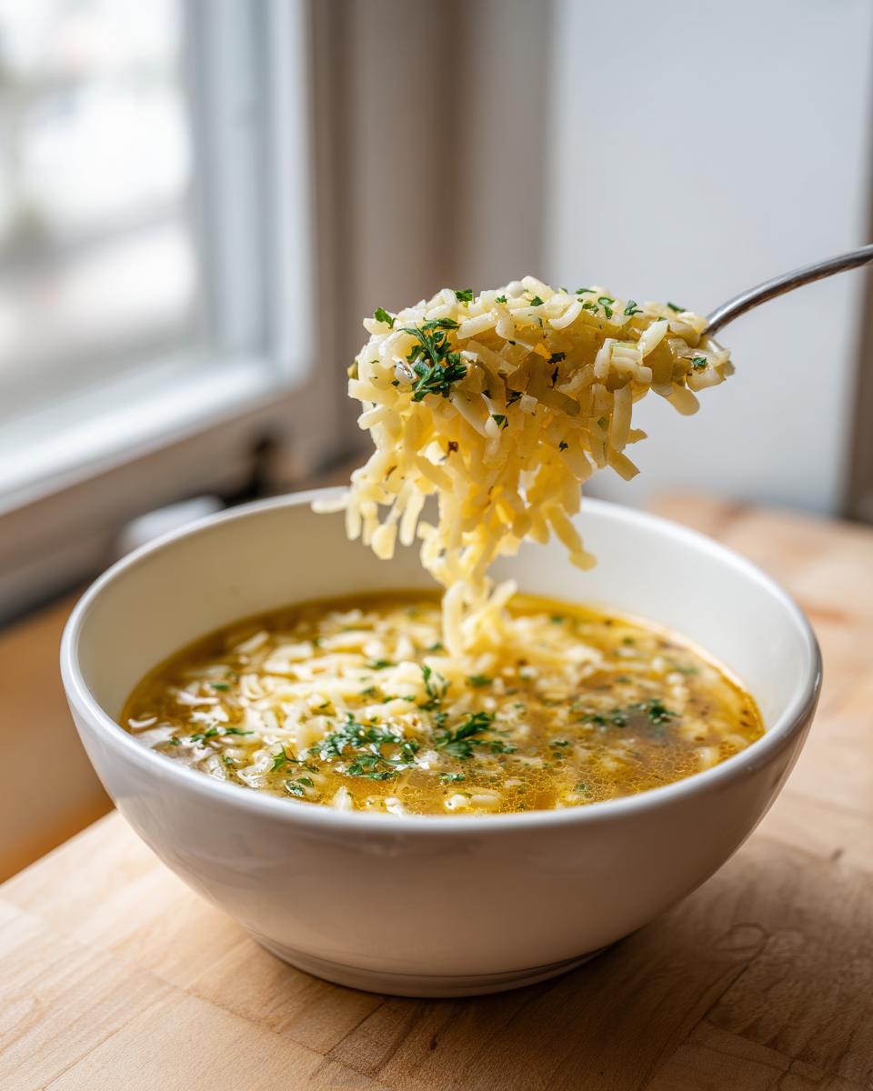 A spoonful of cheesy pastina soup, topped with fresh parsley, being lifted from a white bowl.
