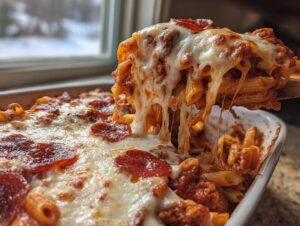 A serving spoon lifts a cheesy portion of pizza pasta bake, showing extreme cheese pull and pepperoni slices.