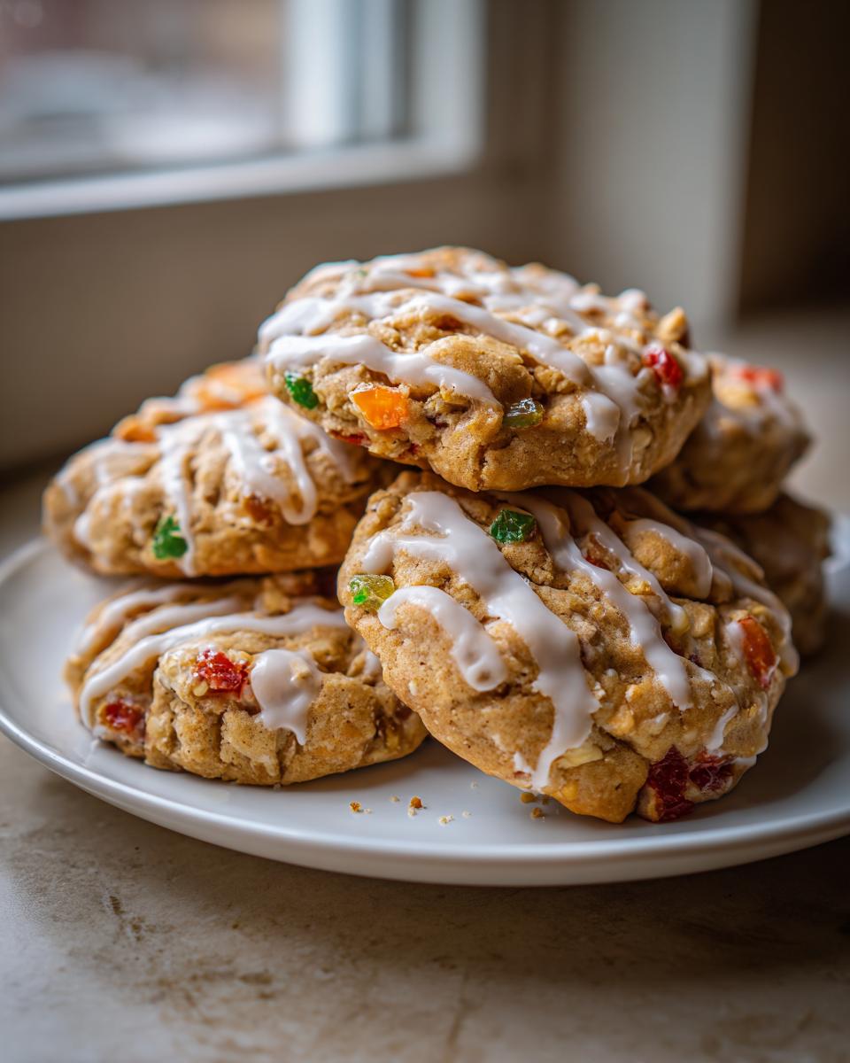 A stack of chewy fruitcake cookies topped with a white vanilla glaze, featuring visible colorful candied fruit pieces.