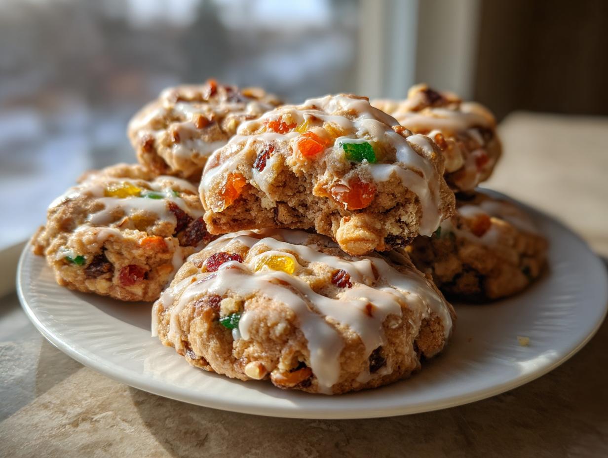 A stack of chewy fruitcake cookies drizzled with white icing, featuring colorful candied fruit pieces.