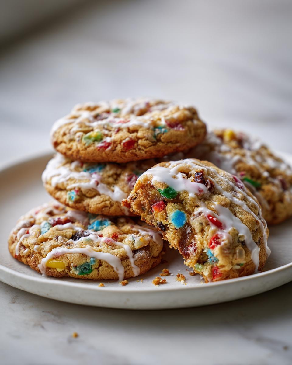 A stack of chewy fruitcake cookies drizzled with white icing, one cookie broken open to show the colorful fruitcake mix inside.