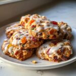A stack of chewy fruitcake cookies loaded with candied fruit and drizzled with white icing, sitting on a white plate.