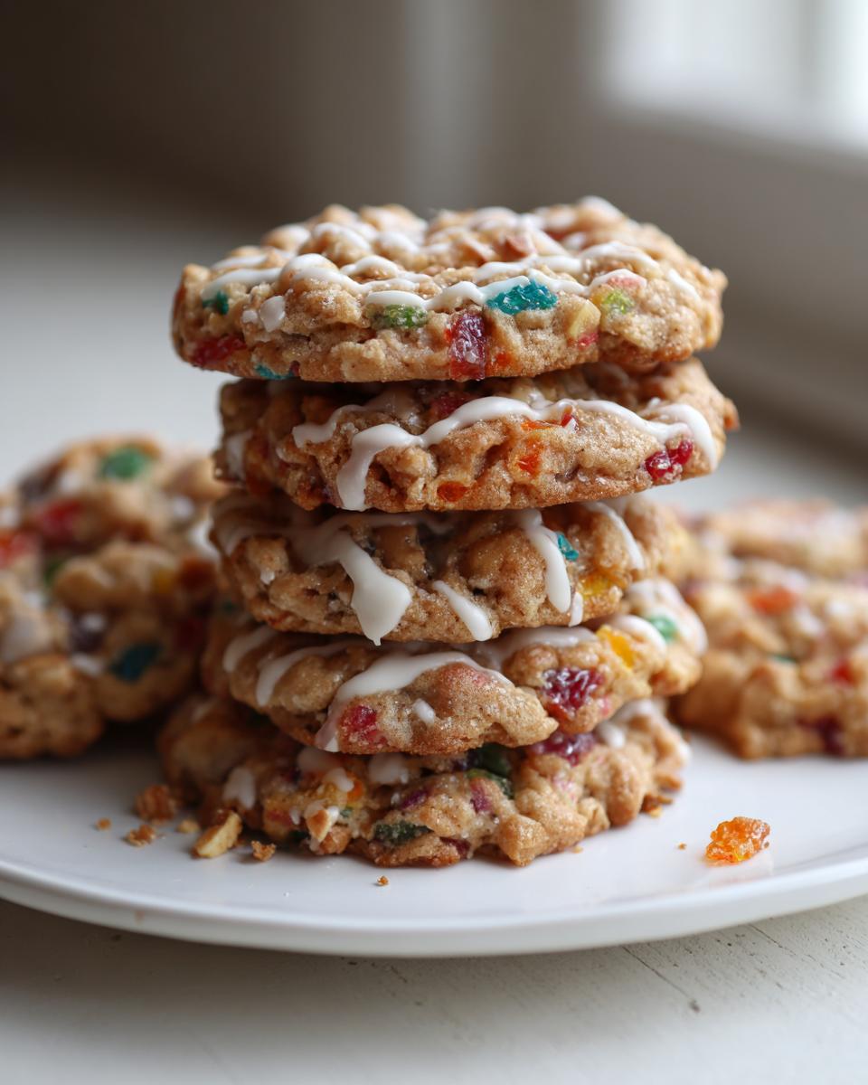 A stack of five chewy fruitcake cookies drizzled with white icing on a white plate.