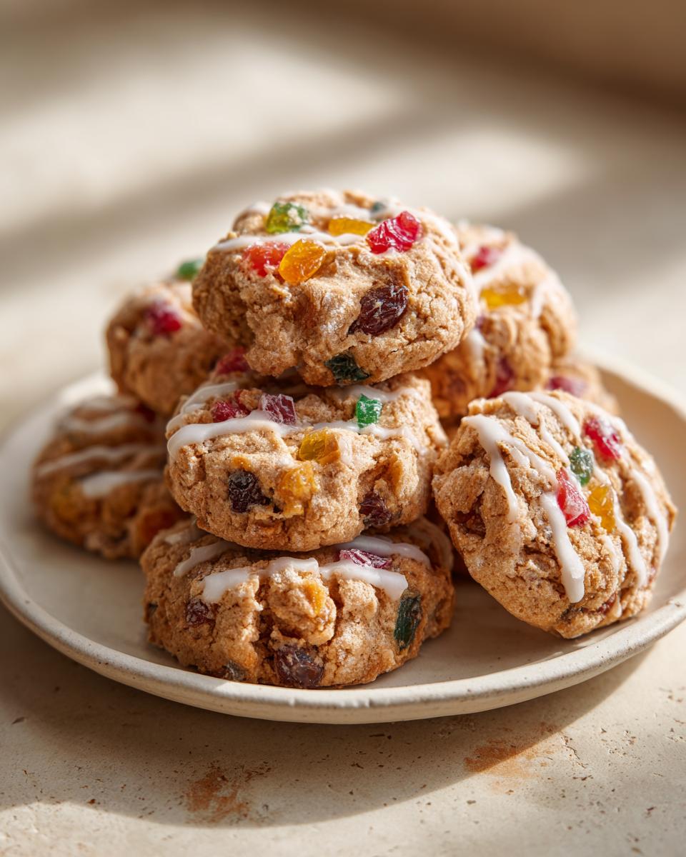A stack of chewy fruitcake cookies topped with colorful candied fruit pieces and drizzled with white icing.