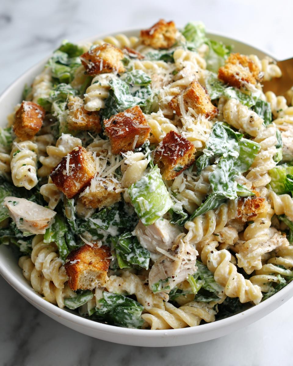 A close-up bowl of creamy chicken caesar pasta salad featuring rotini pasta, romaine lettuce, chicken pieces, and croutons.