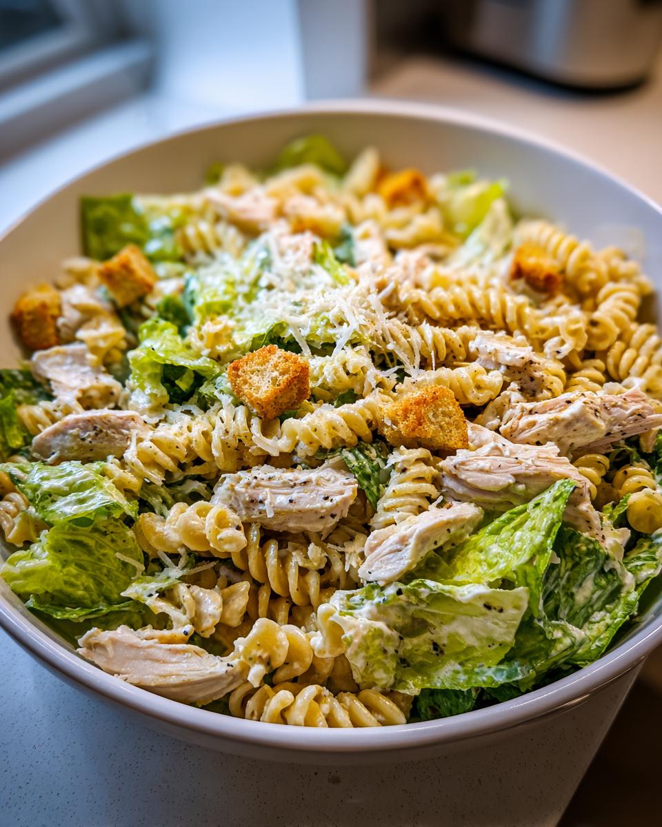 A close-up view of a large bowl filled with chicken caesar pasta salad, featuring rotini pasta, chicken pieces, romaine lettuce, and croutons.