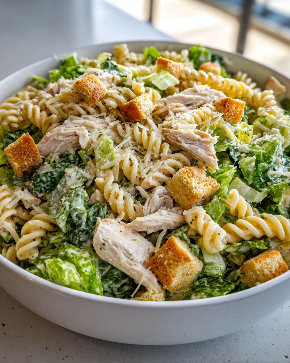 Close-up of a white bowl filled with creamy chicken caesar pasta salad, featuring rotini pasta, shredded chicken, romaine lettuce, and croutons.