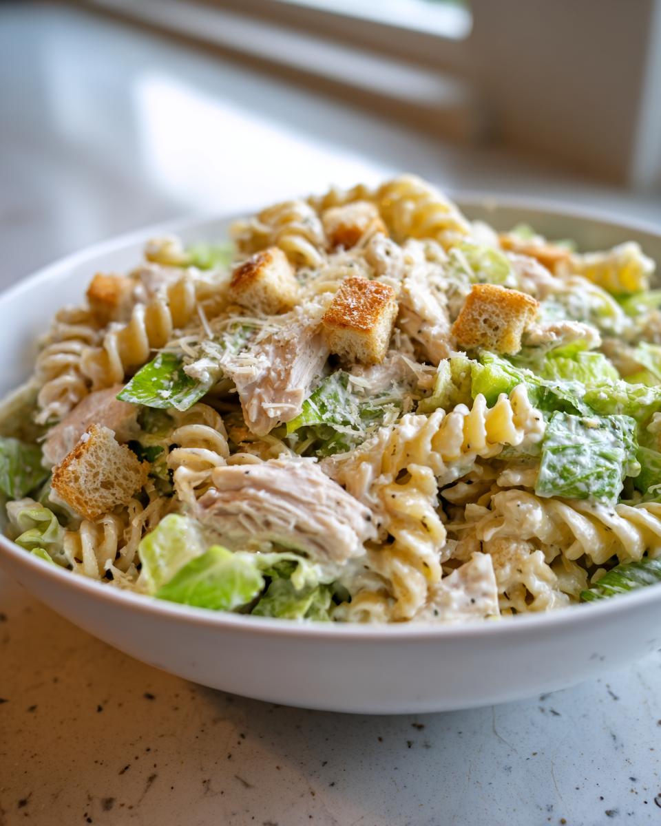 A close-up of a white bowl filled with creamy chicken caesar pasta salad, featuring rotini pasta, shredded chicken, lettuce, and croutons.