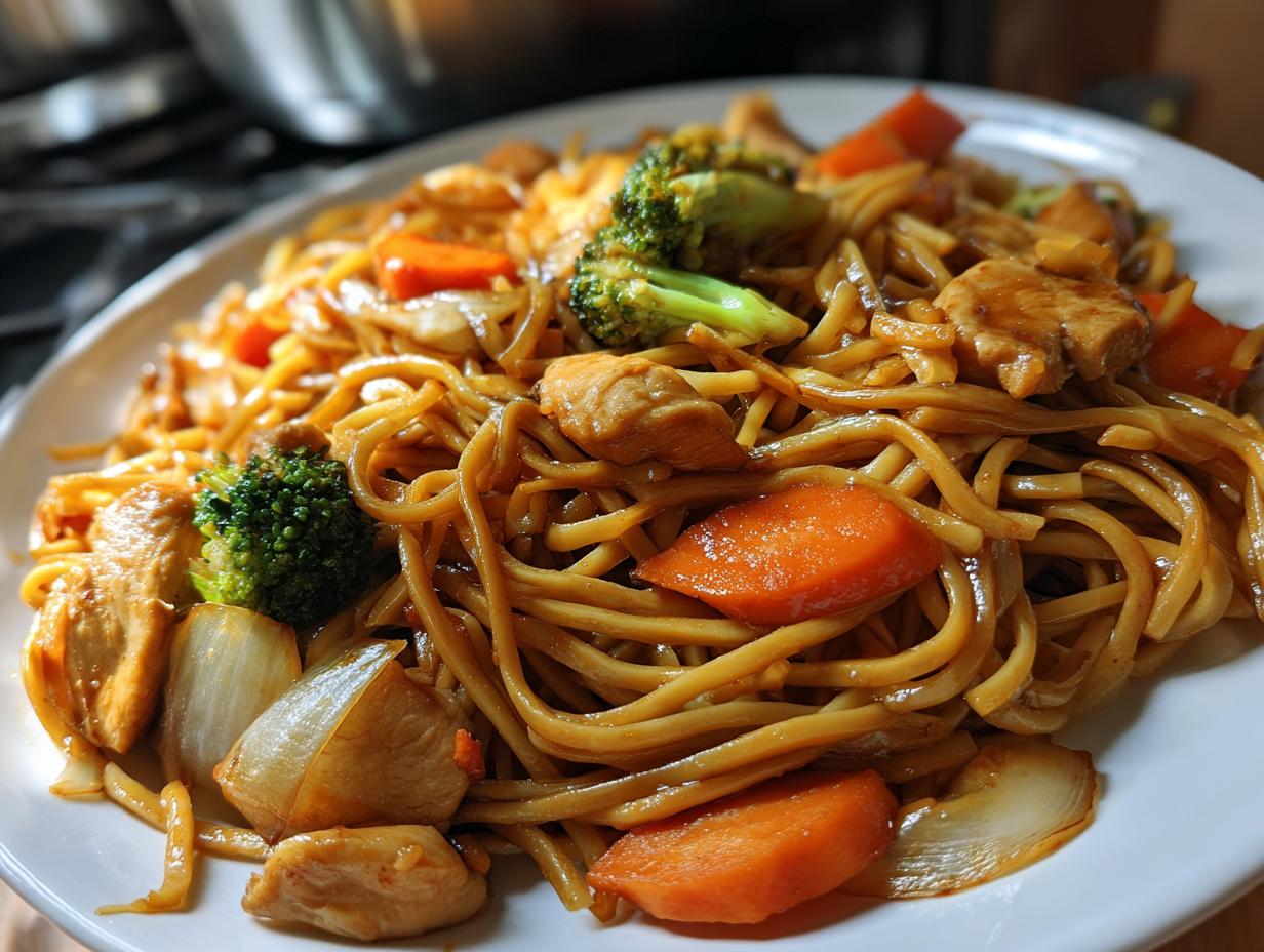 Close-up of a plate piled high with saucy chicken chow mein recipe noodles, chicken pieces, broccoli, and carrots.