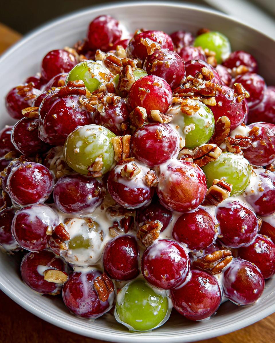 A close-up of the creamy Chicken Salad Chick Grape Salad, featuring red and green grapes coated in dressing and topped with pecans.