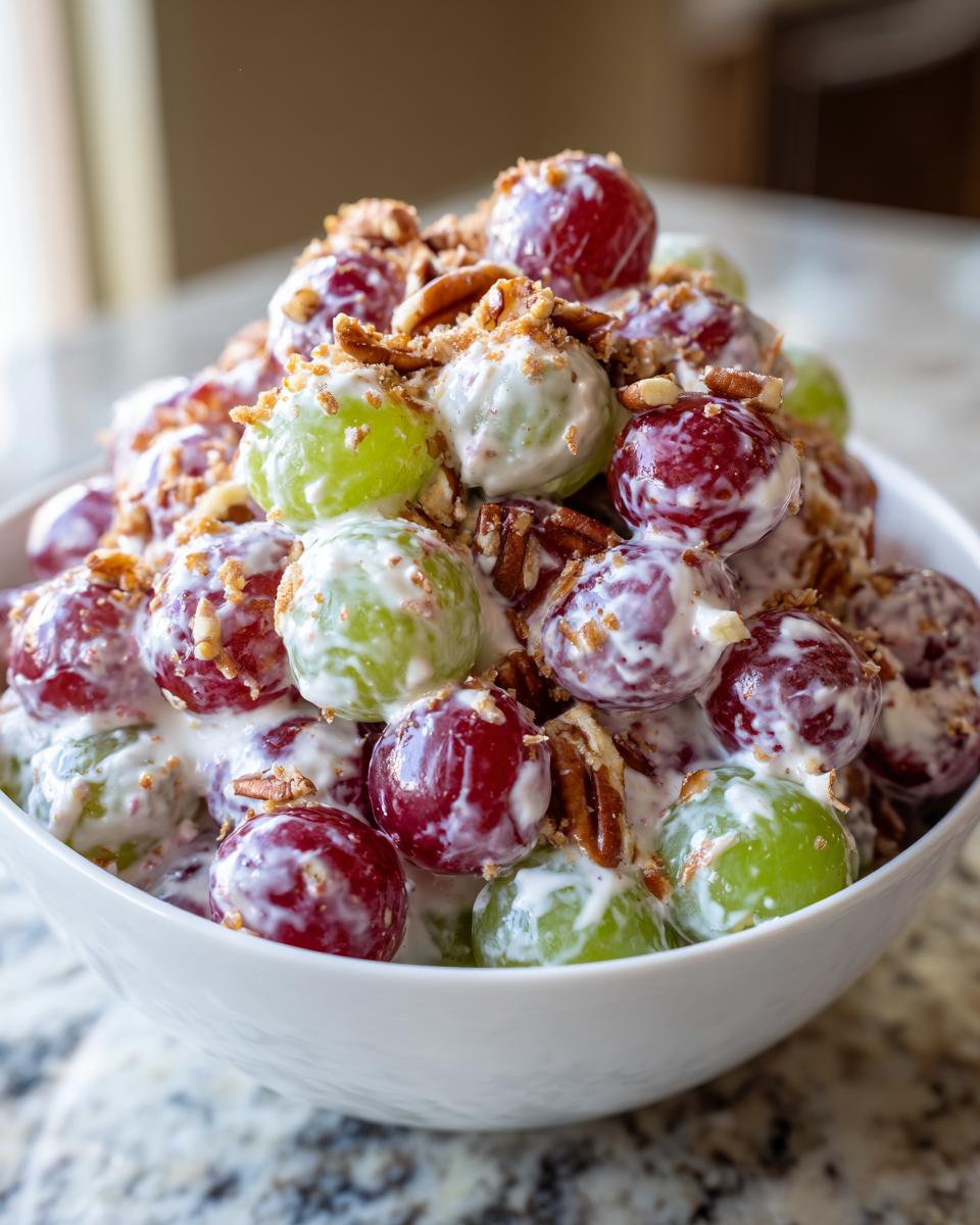 A white bowl filled with creamy, sweet chicken salad chick grape salad mixture, topped with pecans.