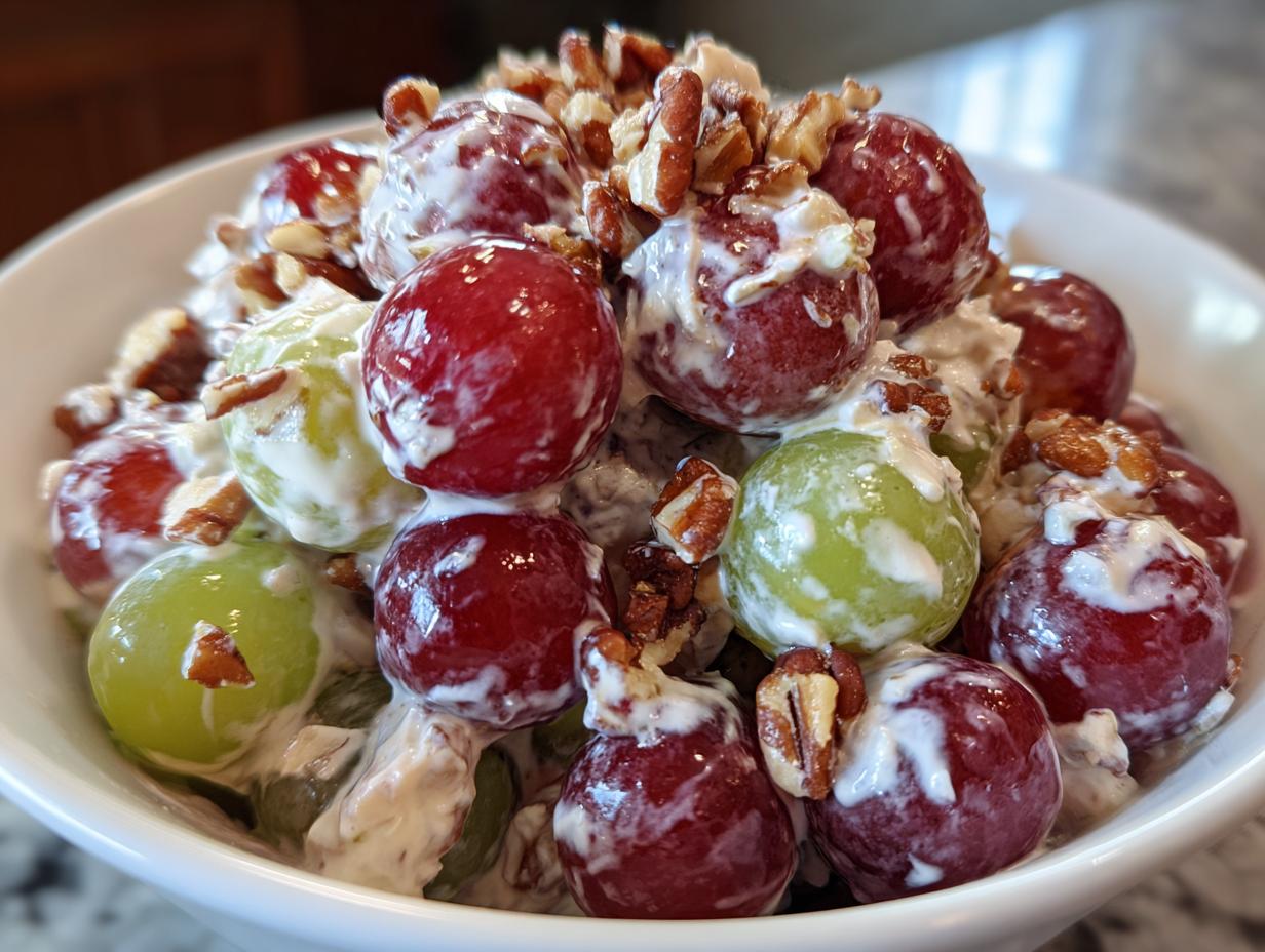 A close-up of creamy Chicken Salad Chick Grape Salad featuring red and green grapes coated in dressing and topped with chopped pecans.
