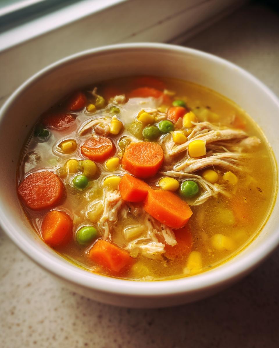 Close-up of a white bowl filled with steaming chicken vegetable soup featuring shredded chicken, carrots, peas, and corn.