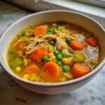 Close-up of a white bowl filled with flavorful chicken vegetable soup, featuring shredded chicken, thick carrot slices, peas, and corn.