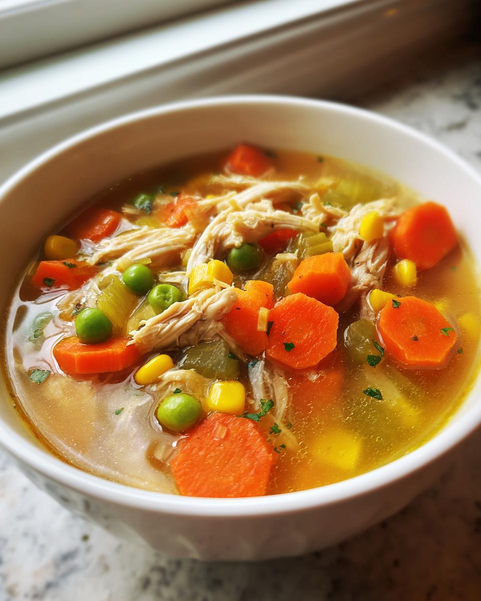 Close-up of a bowl of chicken vegetable soup with shredded chicken, carrots, peas, and corn in broth.