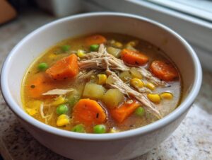 A close-up of a white bowl filled with flavorful chicken vegetable soup, featuring shredded chicken, carrots, peas, and corn.
