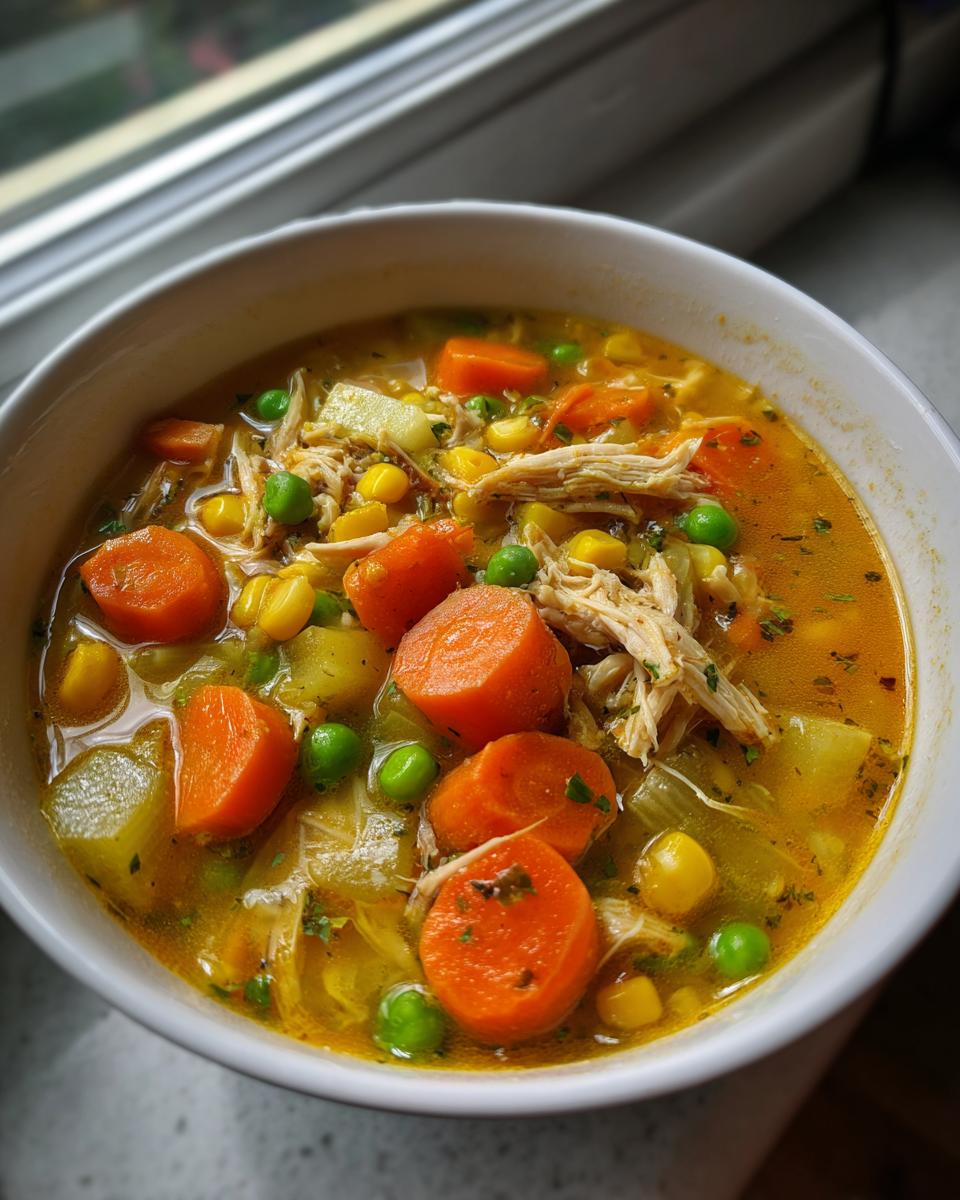 Close-up of a steaming bowl of chicken vegetable soup packed with carrots, peas, corn, and shredded chicken.