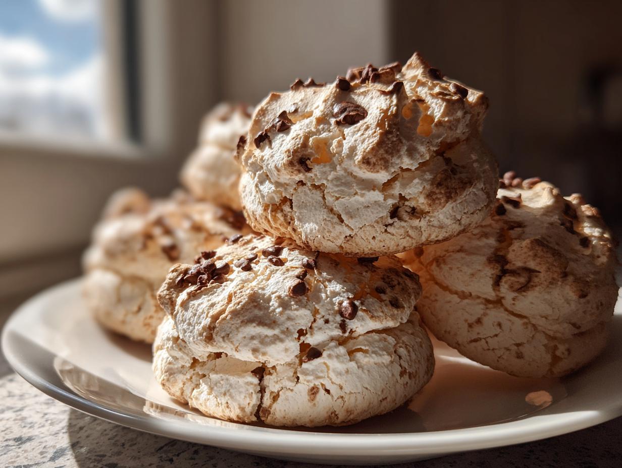 A stack of light, airy forgotten cookies topped with mini chocolate chips, dramatically lit by sunlight.