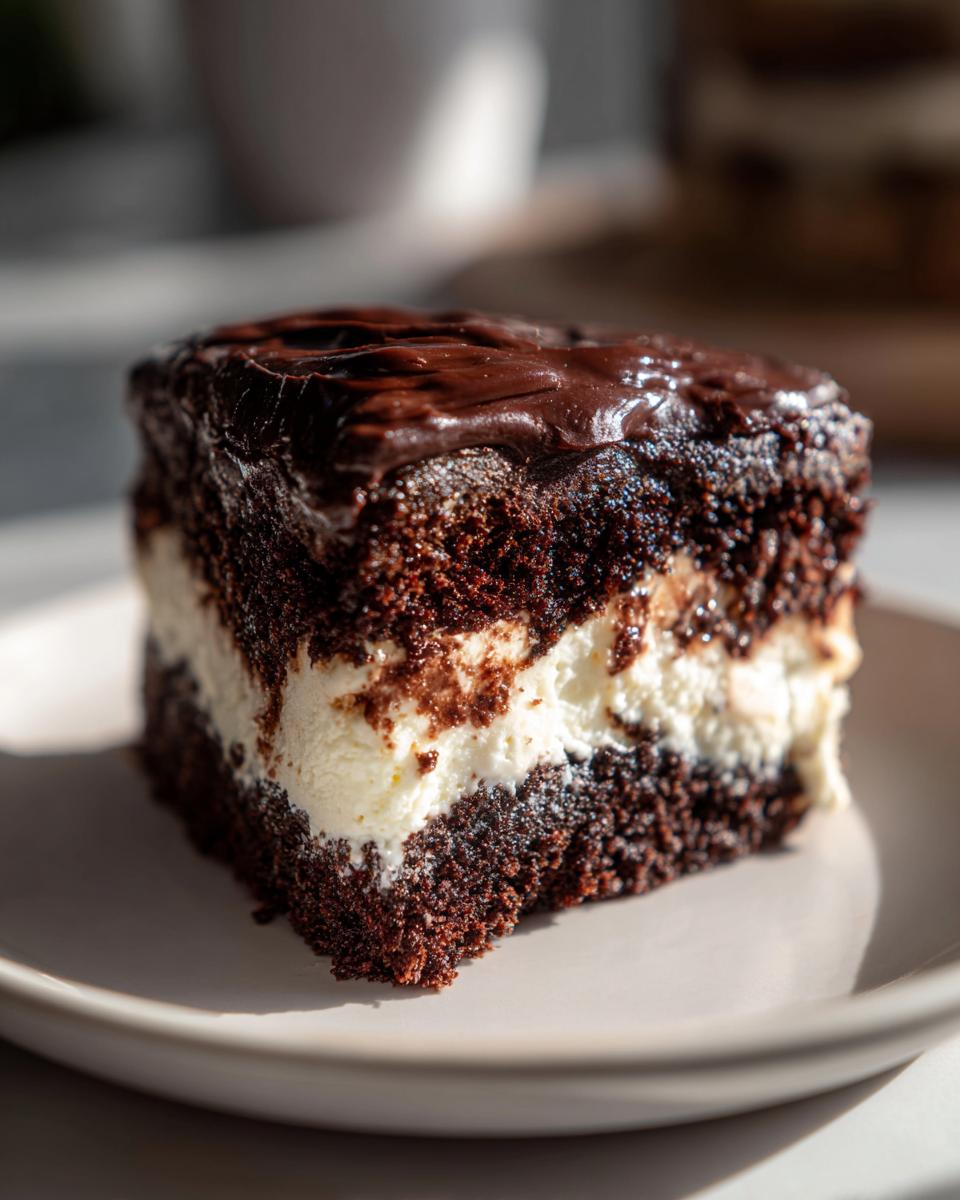 A decadent slice of chocolate Italian love cake featuring dark chocolate cake layers, white cream filling, and glossy chocolate frosting.