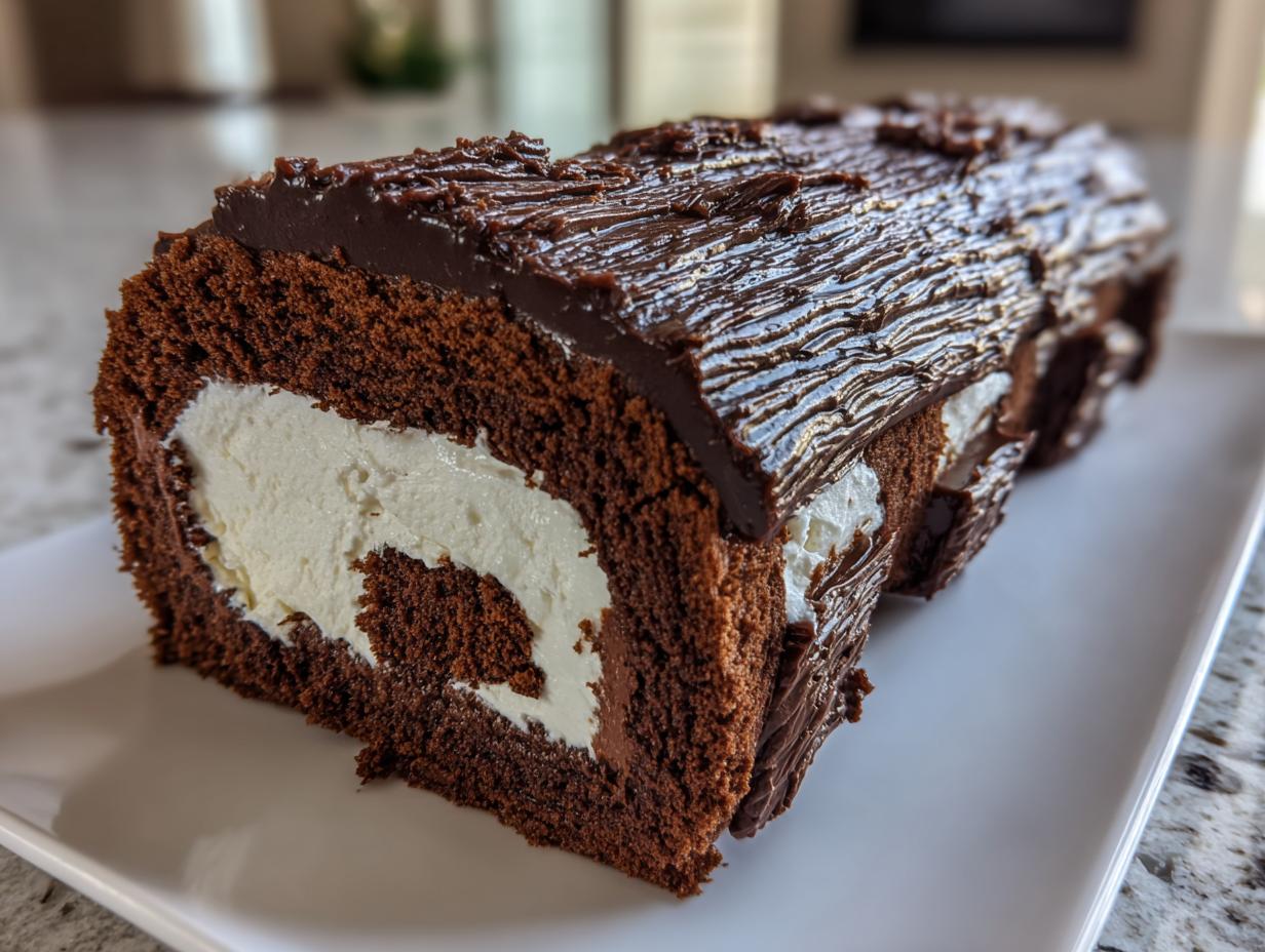 A close-up cross-section of a rich chocolate yule log cake showing the swirl of dark cake and white cream filling.