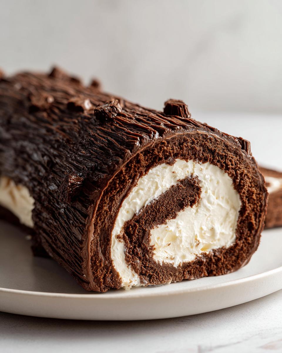Cross-section view of a chocolate yule log cake showing the dark chocolate sponge rolled around a thick white cream filling.