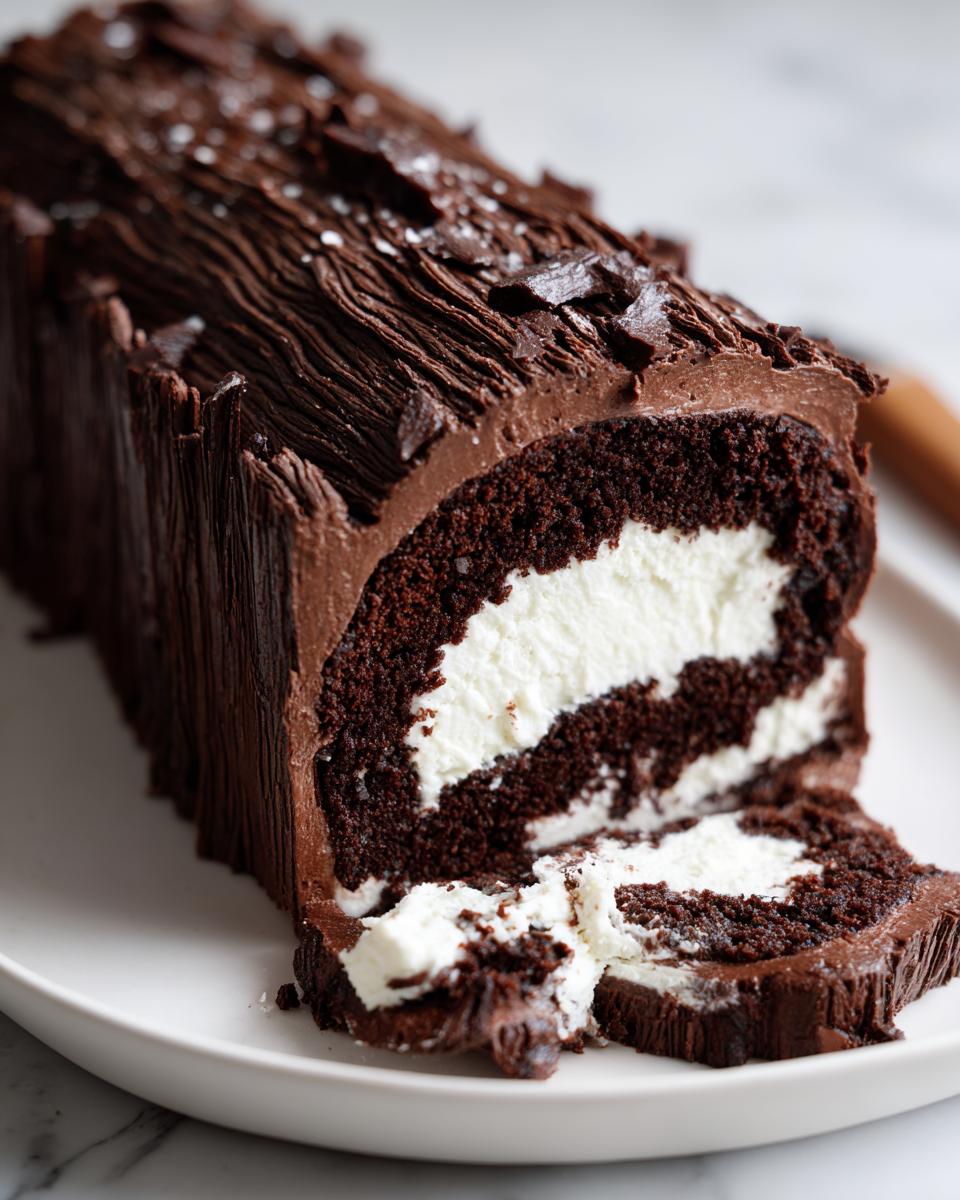 Close-up of a chocolate yule log cake slice showing dark sponge, white cream filling, and bark-textured frosting.