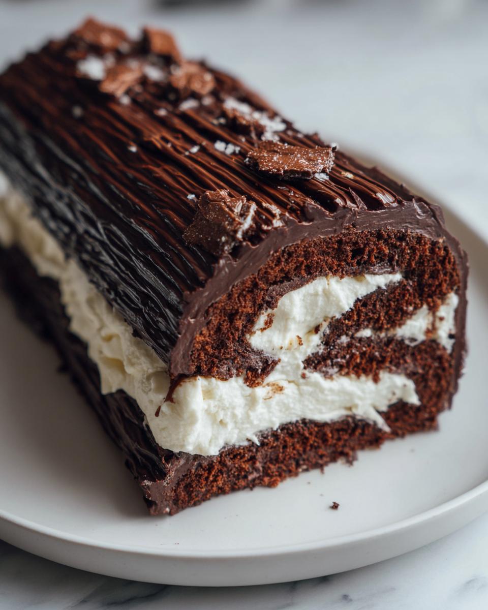 Close-up of a slice of chocolate yule log cake showing dark sponge, white cream filling, and bark-like frosting.