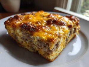 A close-up slice of a hearty christmas breakfast casserole topped with golden melted cheddar cheese.