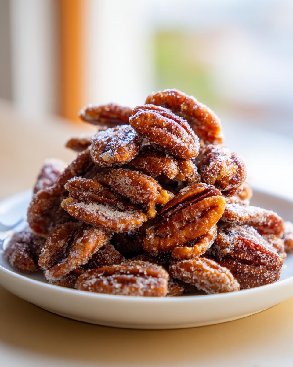 A close-up mound of glistening cinnamon sugar pecans piled high on a small white plate.