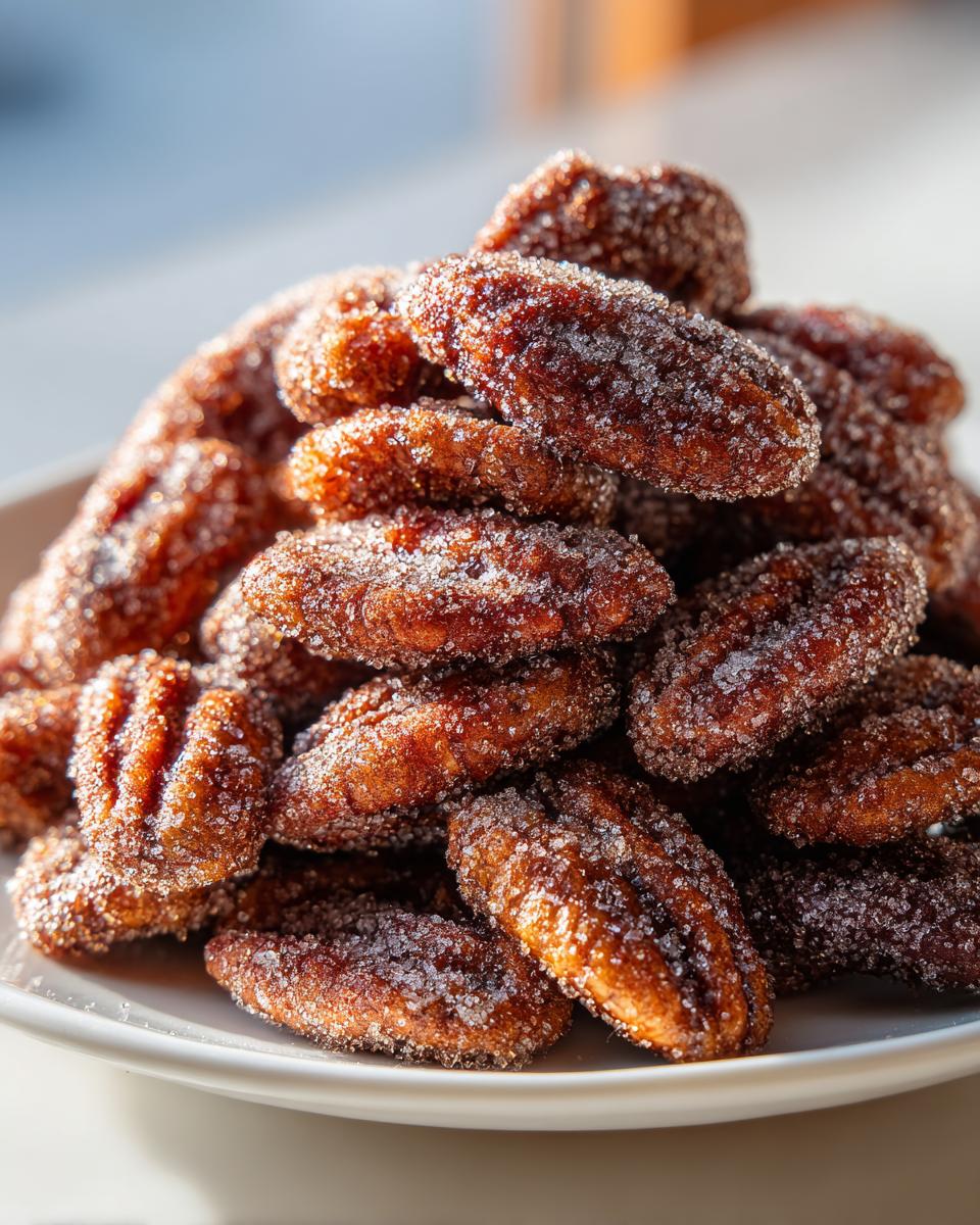 A close-up, high-angle shot of a mound of glistening cinnamon sugar pecans piled high on a white plate.