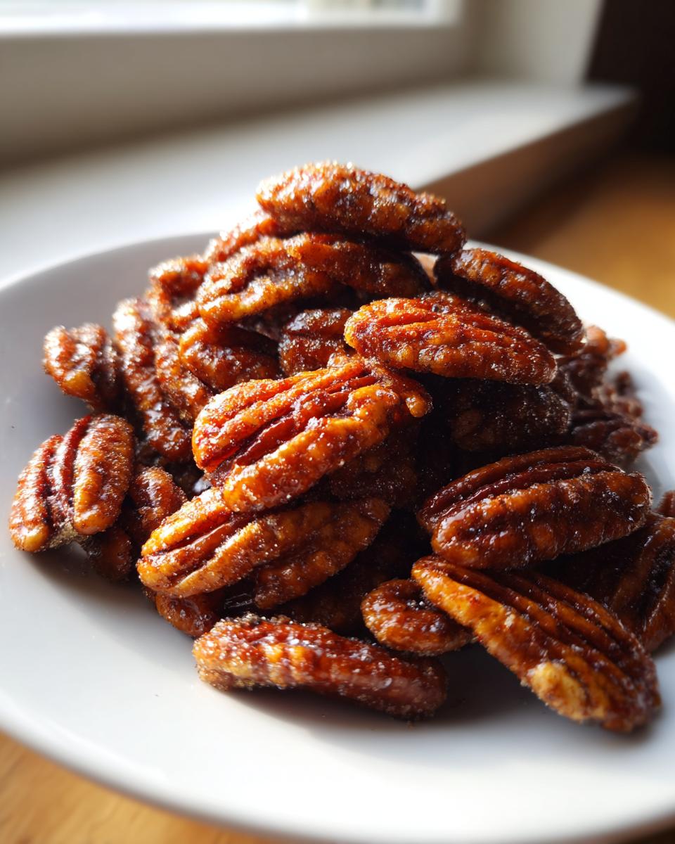 A close-up, slightly backlit photo of a pile of glossy, candied cinnamon sugar pecans served on a white plate.