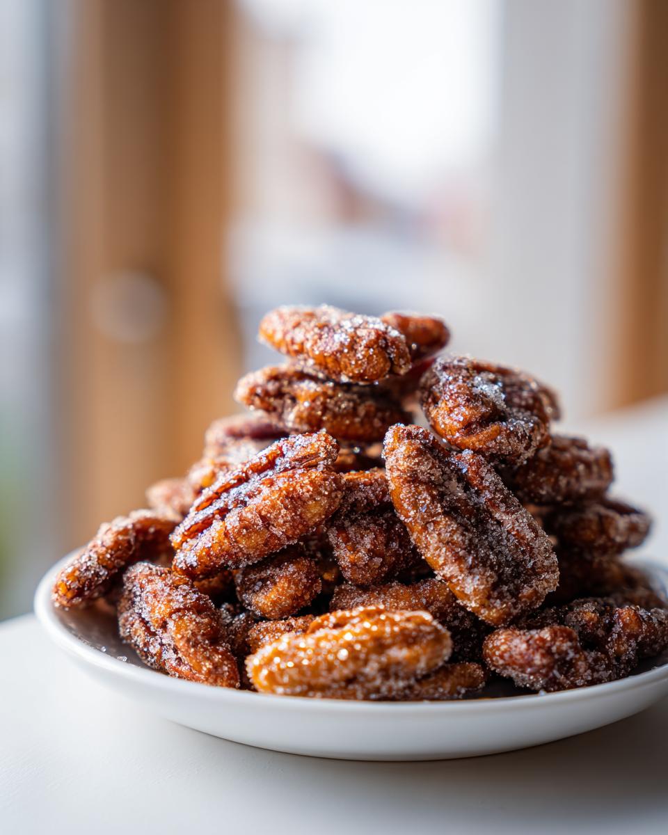 Close-up of a mound of freshly made cinnamon sugar pecans coated in sparkling sugar crystals.