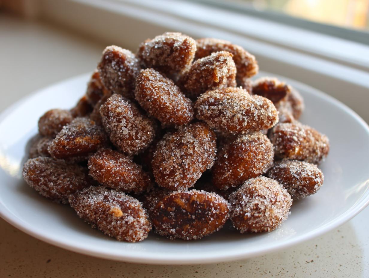 A mound of freshly made cinnamon sugar pecans coated heavily in sparkling sugar crystals on a white plate.