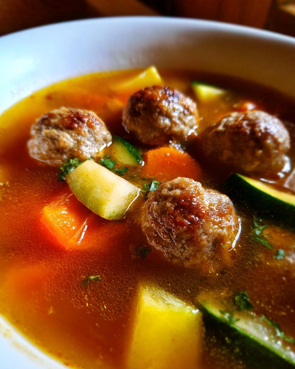 Close-up of a bowl of rich, orange broth albondigas soup featuring browned meatballs, chunks of zucchini, and carrots.