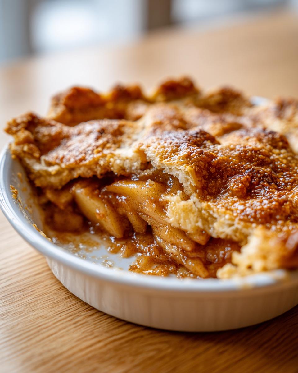 A close-up view showing the gooey, spiced filling and flaky, sugared crust of an apple cobbler in a white baking dish.