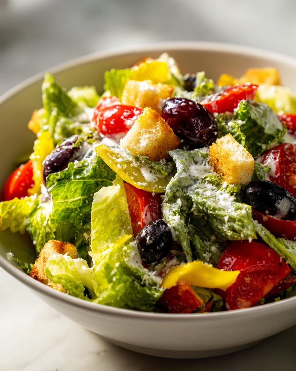 Close-up of a bowl filled with copycat Olive Garden salad featuring romaine lettuce, tomatoes, olives, and creamy dressing.