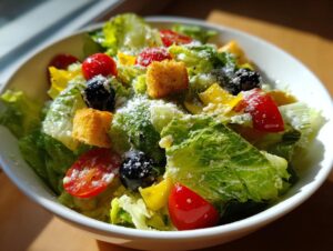 A vibrant close-up of a copycat Olive Garden salad featuring crisp romaine lettuce, cherry tomatoes, black olives, croutons, and grated cheese.