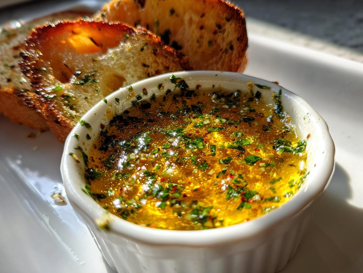 Close-up of melted cowboy butter dipping sauce in a white ramekin next to slices of toasted garlic bread.